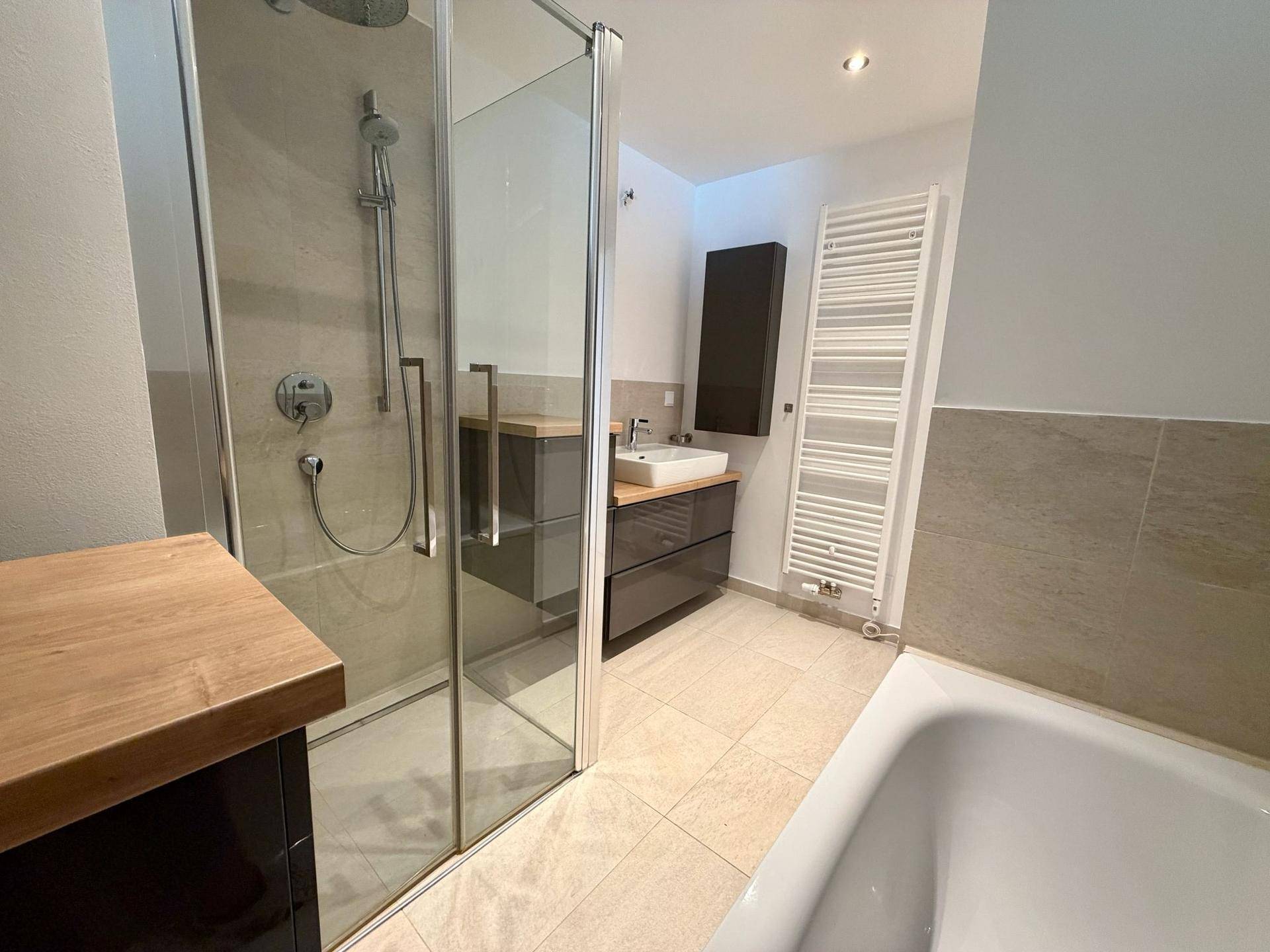 Modernes Badezimmer mit begehbarer Dusche, Badewanne und beheiztem Handtuchhalter.