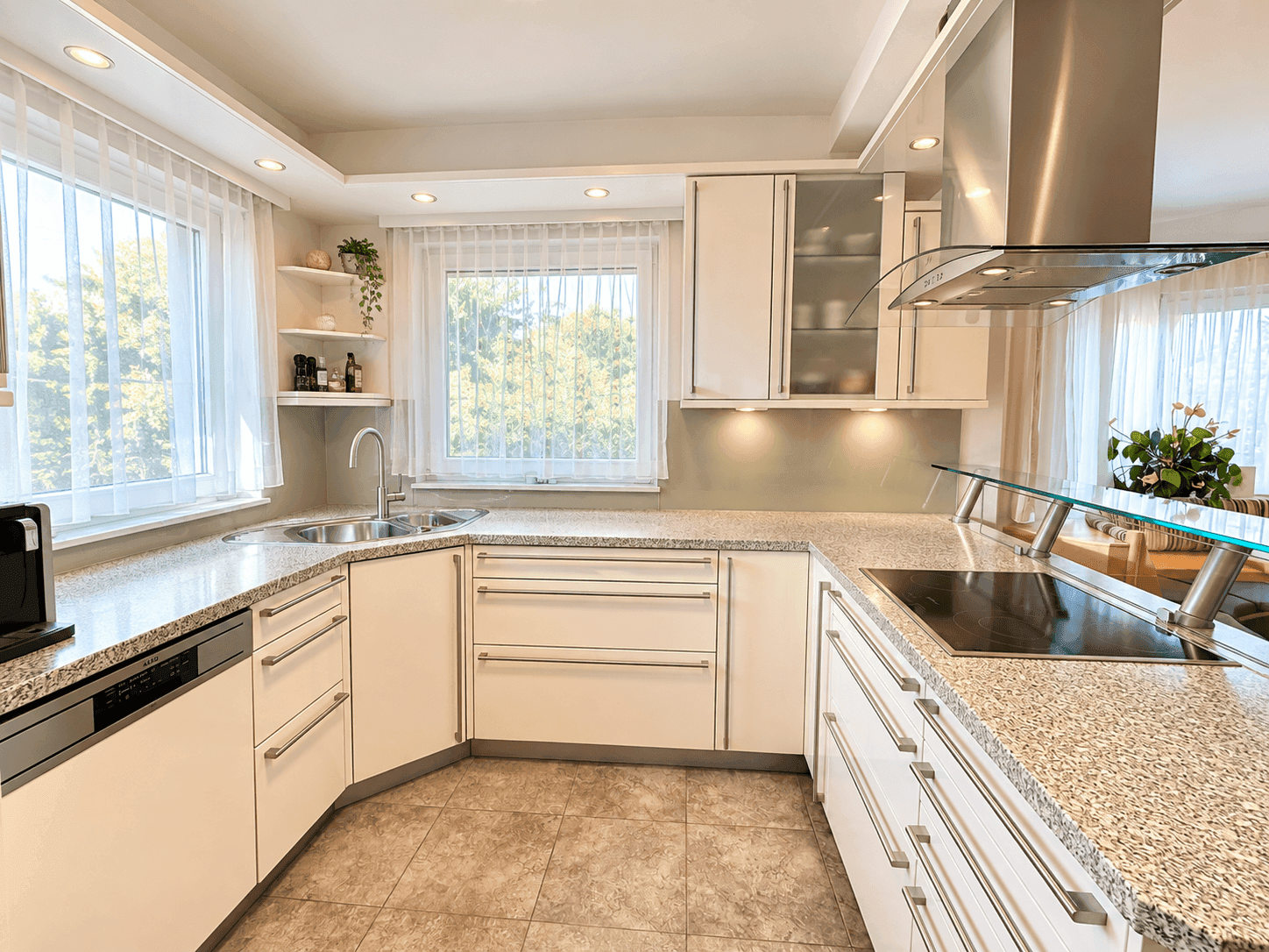 Moderne Küche mit weißen Schränken, Granitarbeitsplatten und Induktionskochfeld.