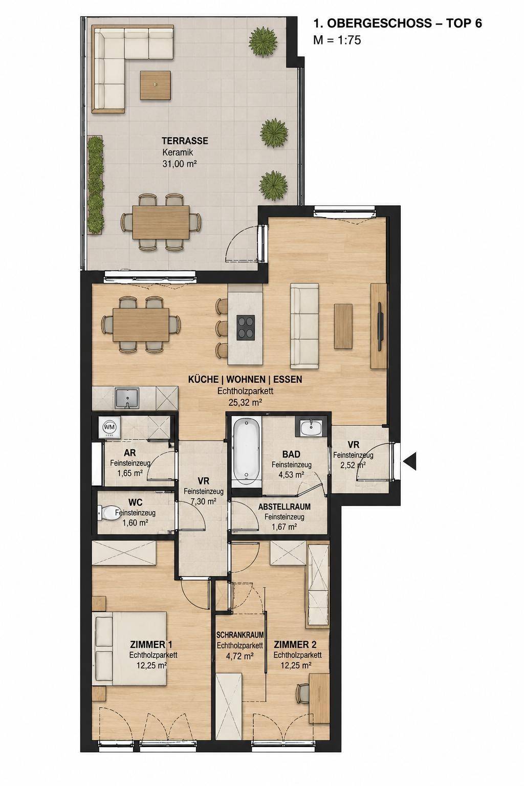 Detaillierter Grundriss einer Wohnung im ersten Obergeschoss mit Terrasse und offenem Wohnbereich.