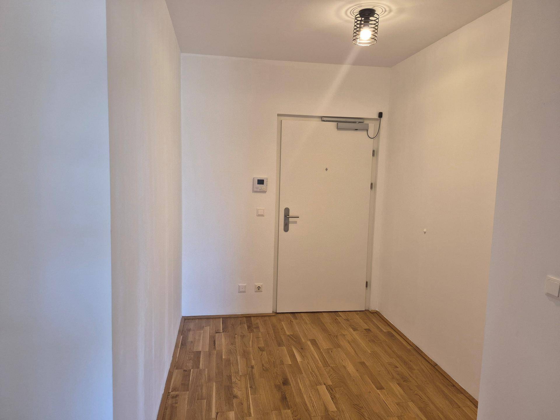 Eingangsbereich mit Holzboden und einer Sicherheitstür, die in die Wohnung führt.