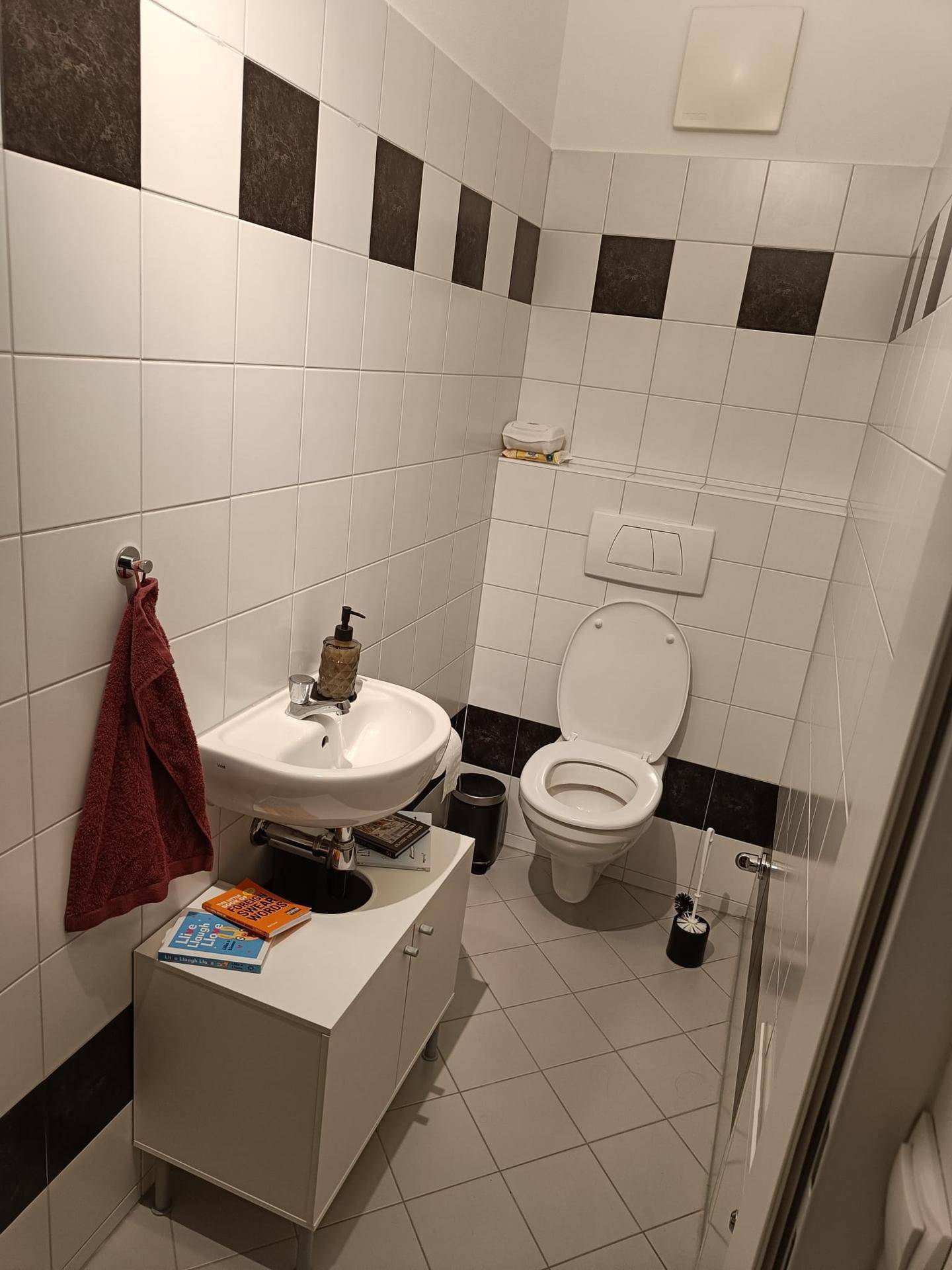 Kleines Gäste-WC mit WC, Waschbecken und weiß-schwarz gefliesten Wänden und Boden.