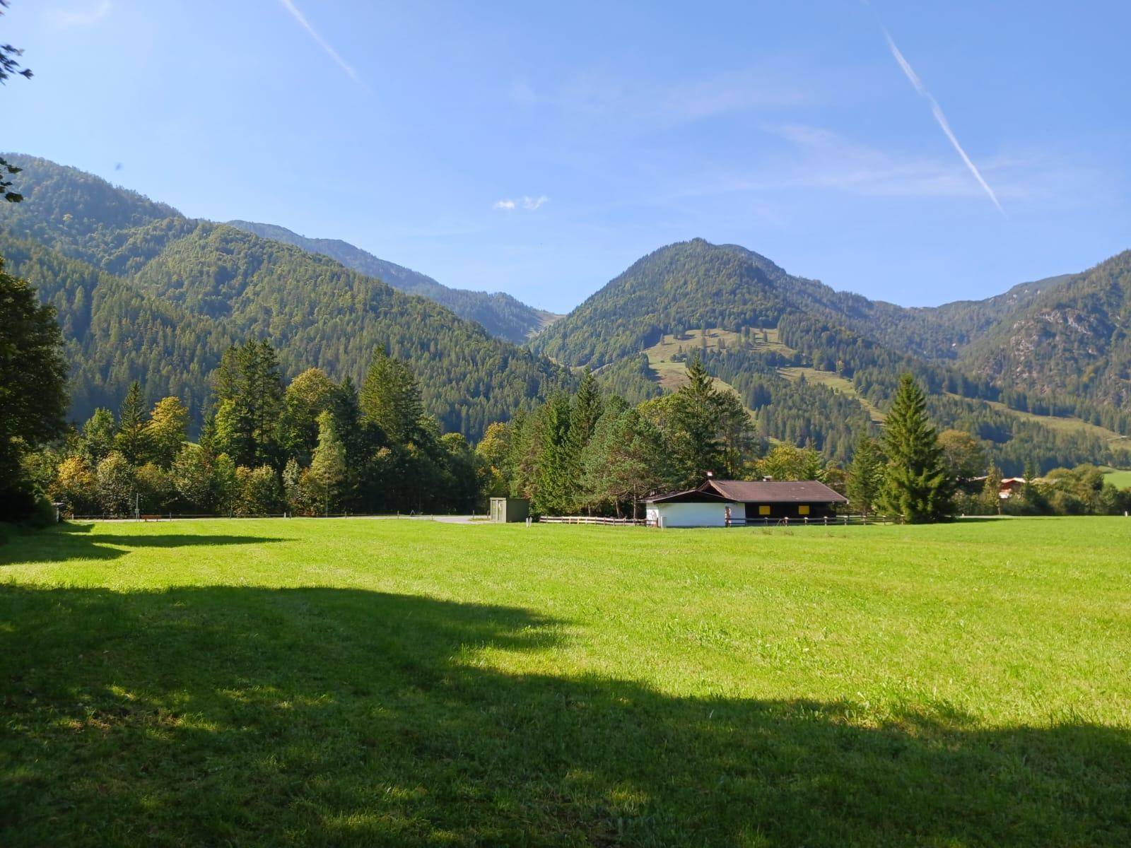 Sonnige grüne Wiese vor einer Kulisse aus bewaldeten Bergen und einem einzelnen Haus in der Ferne.