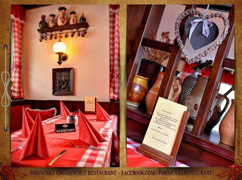 Zwei Detailansichten: ein reservierter Tisch mit roten Servietten und eine Menükarte auf einem Holzregal.