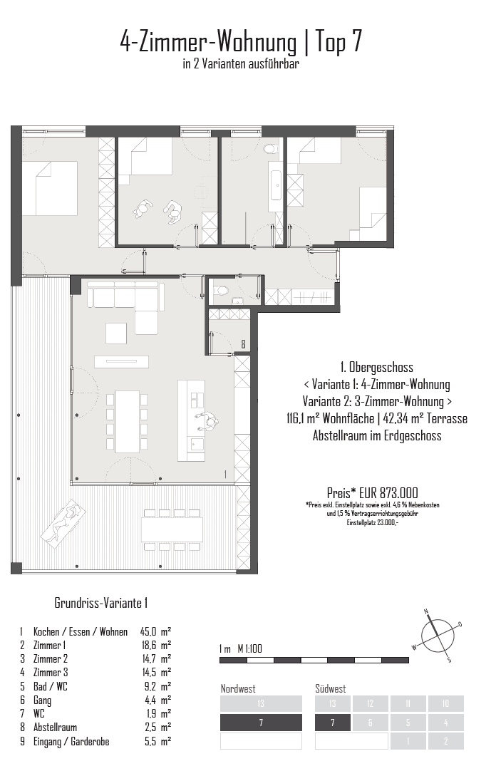 Grundrissvariante I einer 4-Zimmer-Wohnung mit offener Küche, Ess- und Wohnbereich sowie großer Terrasse.