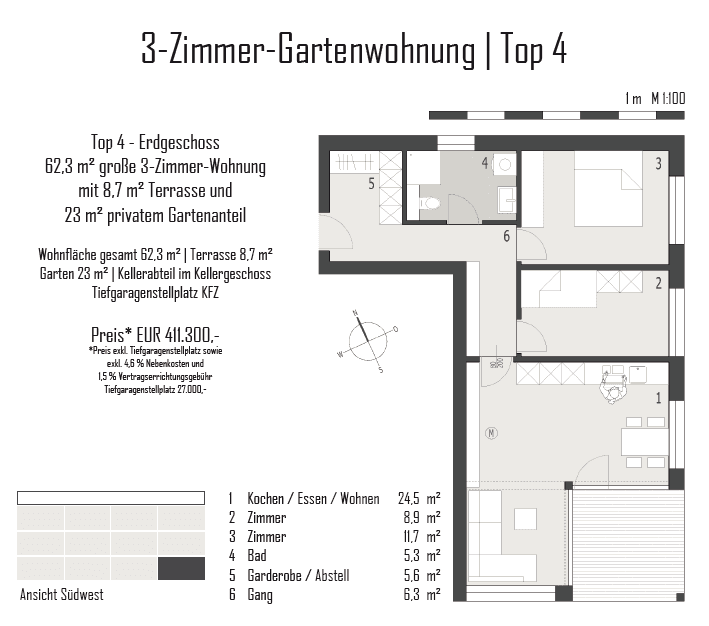 Grundriss einer 3-Zimmer-Gartenwohnung mit Terrasse und privatem Gartenanteil im Erdgeschoss.