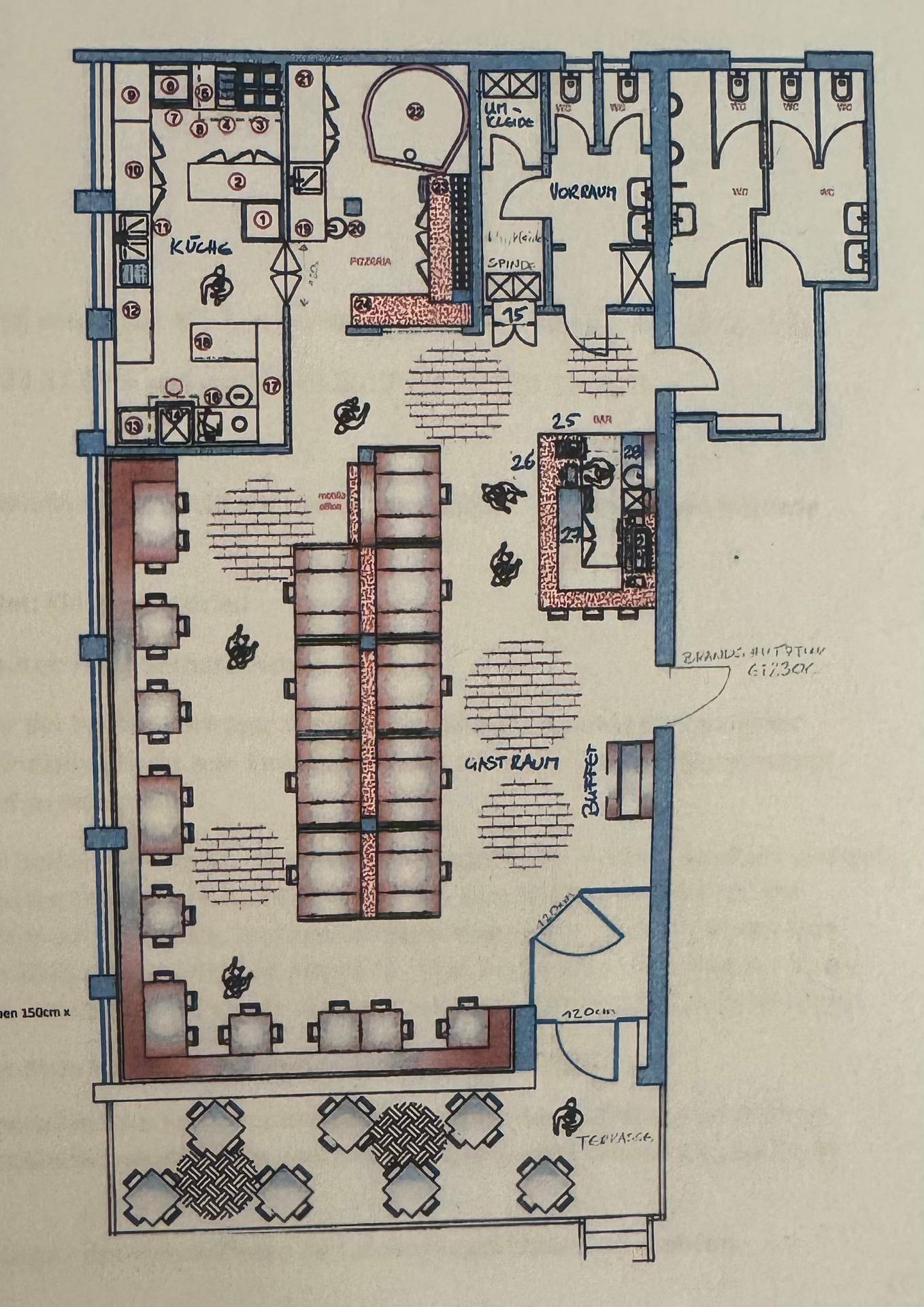Detaillierter Grundriss eines Restaurants mit Gastraum, Küche, Bar und Terrasse.