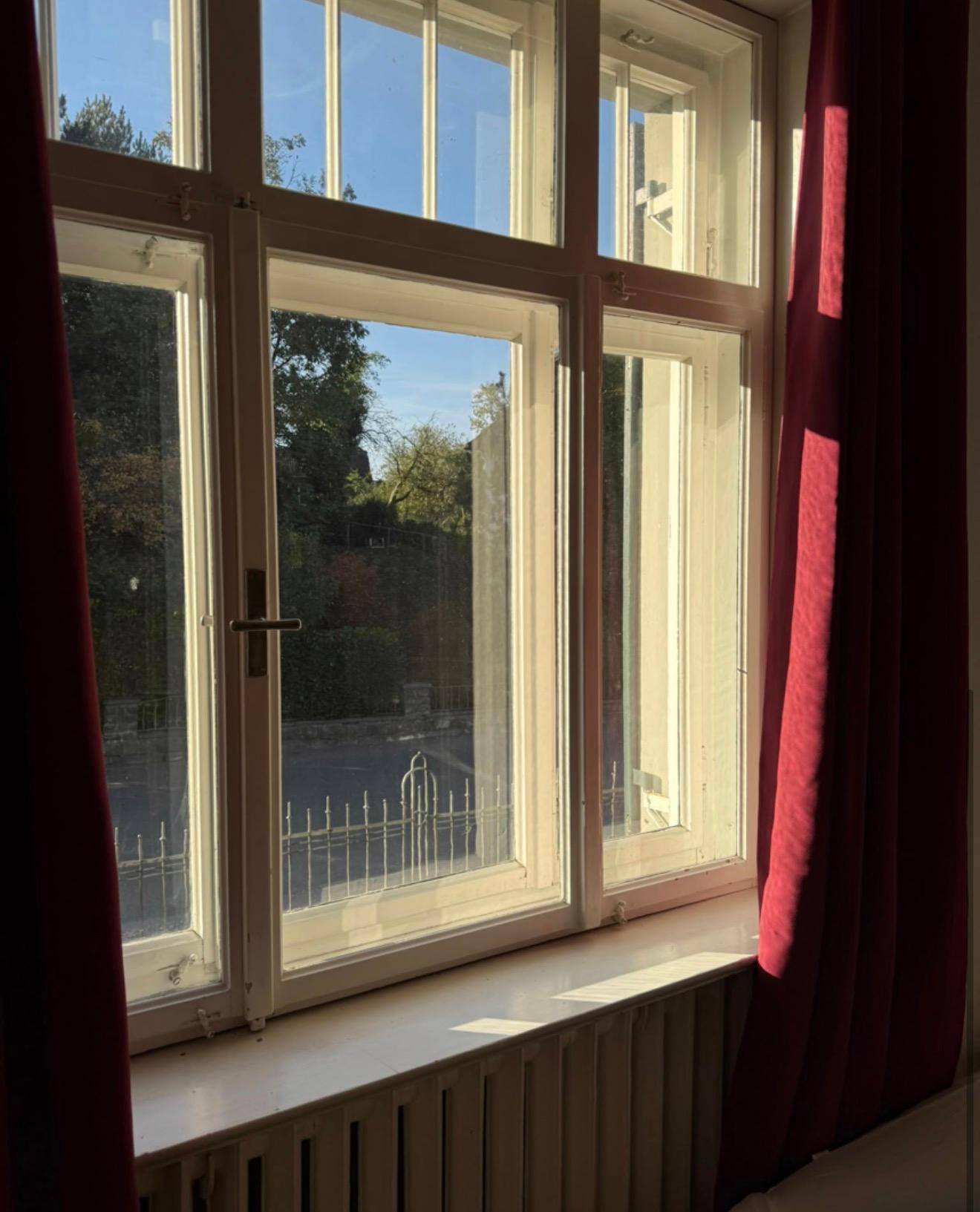 Fenster mit roten Vorhängen und Blick ins Grüne, durchflutet von Sonnenlicht.