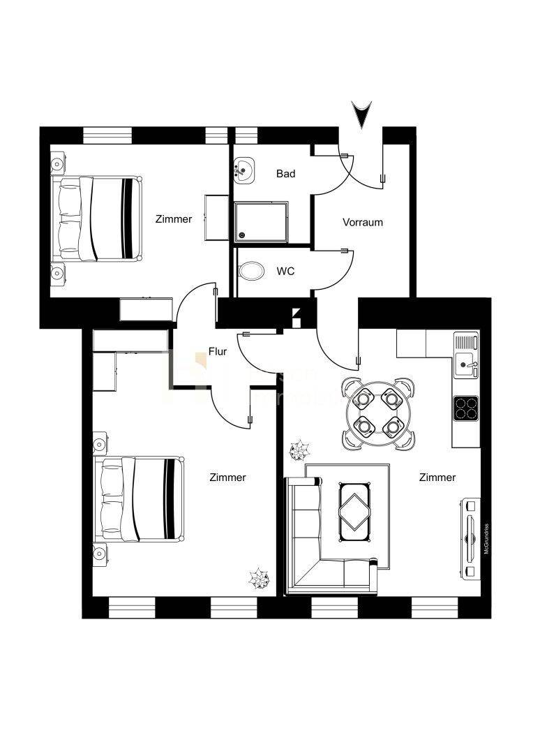 Grundriss einer Wohnung mit zwei Schlafzimmern, einem Wohnzimmer, Bad und separatem WC.