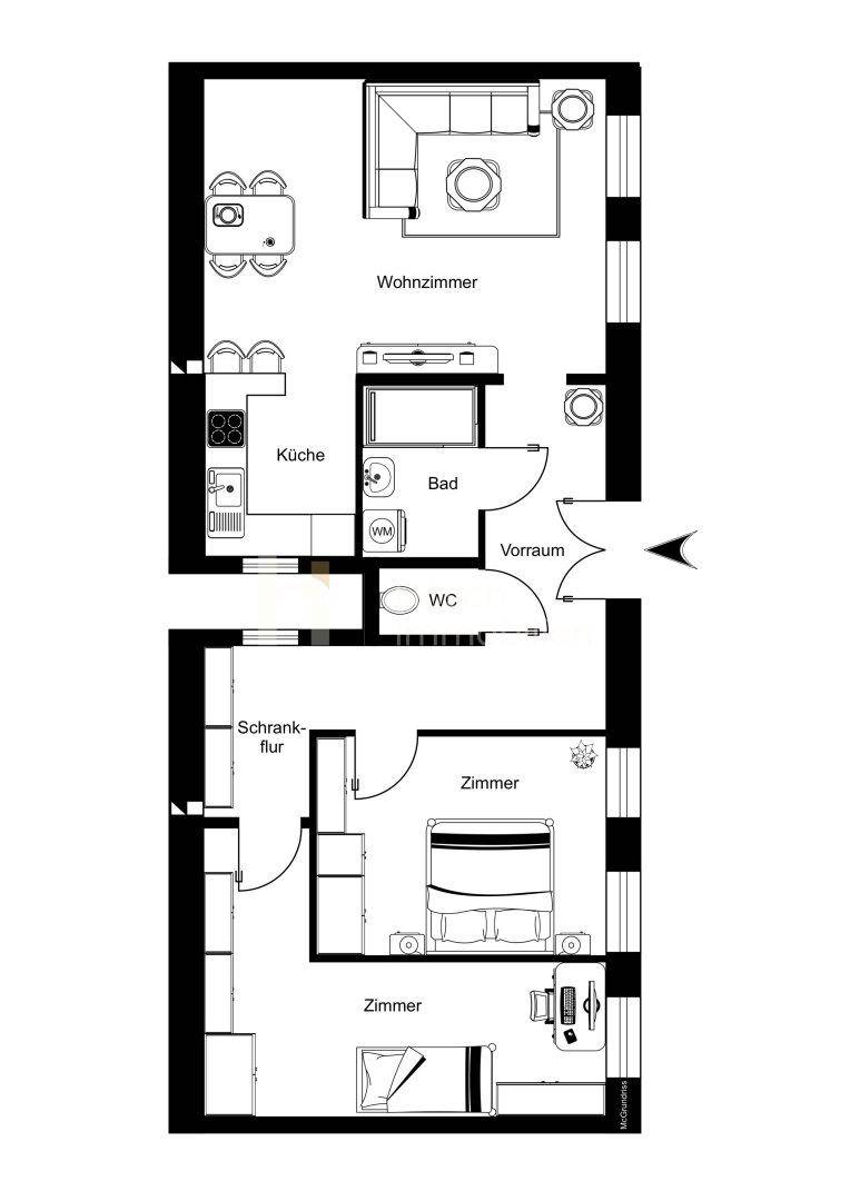 Grundriss einer Wohnung mit Wohnzimmer, Küche, Bad, WC und zwei weiteren Zimmern.