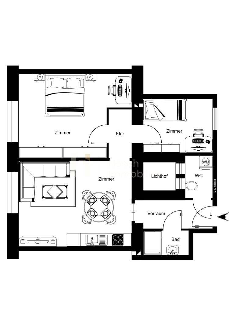 Übersichtlicher Grundriss der Wohnung mit drei Zimmern, Bad, WC und separatem Abstellraum.