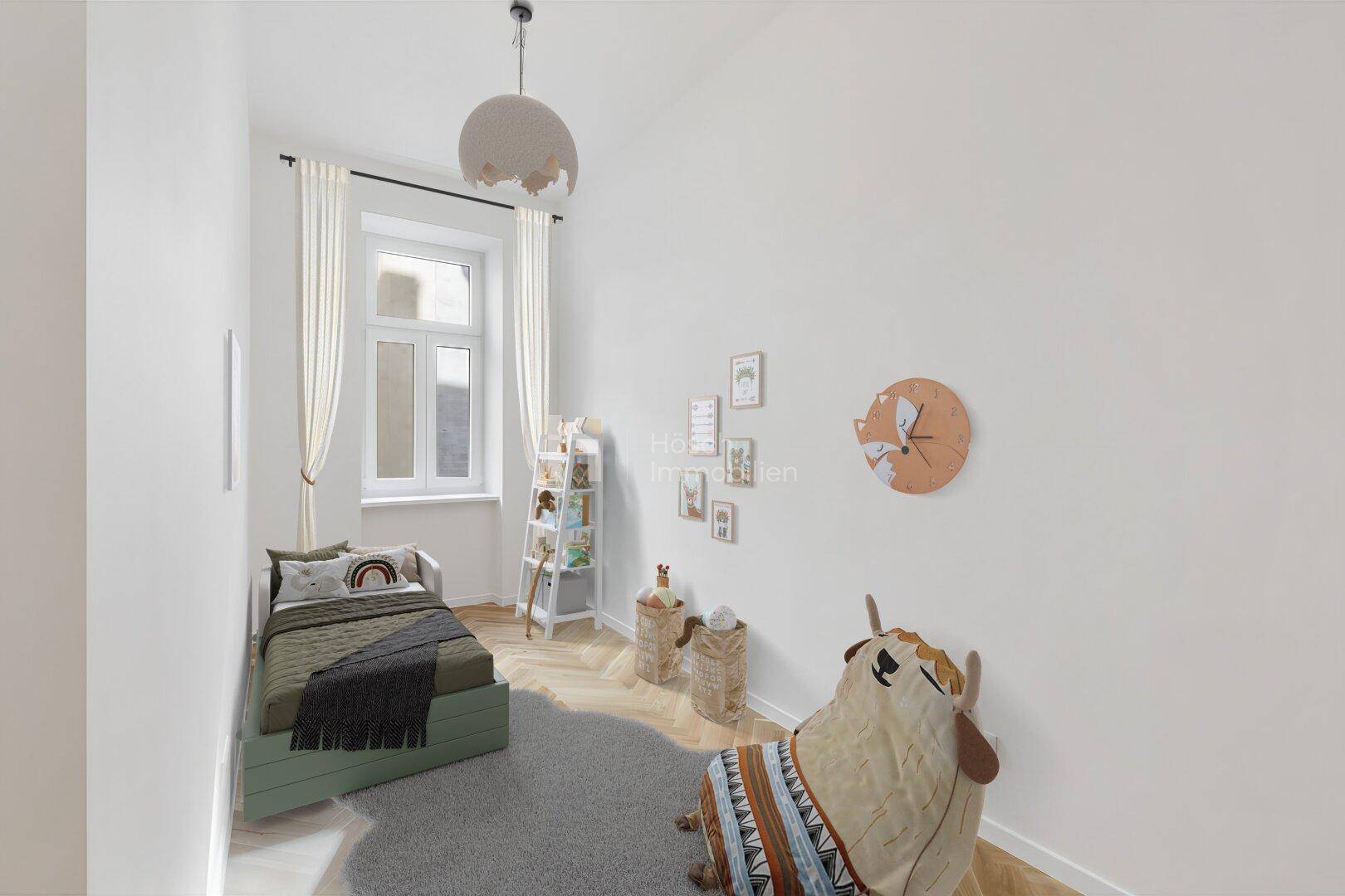 Freundliches Kinderzimmer mit hellem Parkettboden, großem Fenster und spielerischer Dekoration.