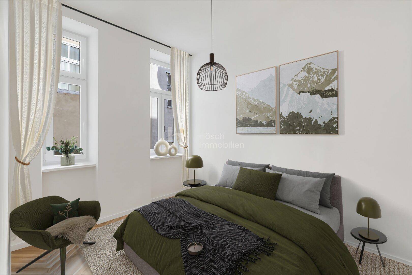 Modern eingerichtetes Schlafzimmer mit großen Fenstern, Parkettboden und gemütlichem Ambiente.