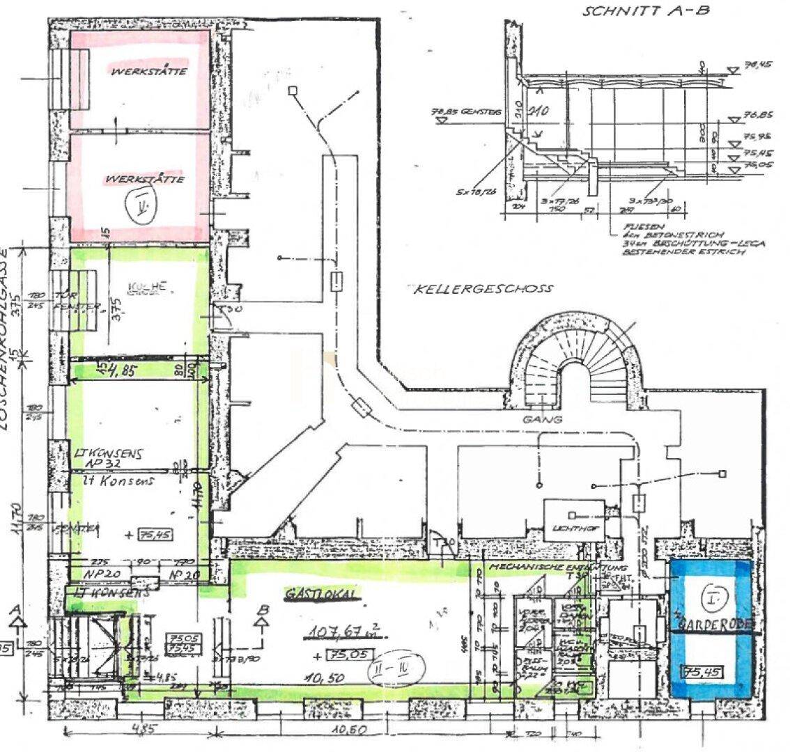 Detaillierter Grundriss eines Kellergeschosses mit Werkstätten, Küche und Gastlokal.