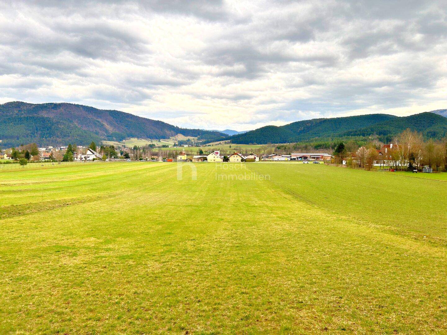 Weitläufige grüne Landschaft mit einem Dorf und einer Bergkette am Horizont unter Wolken.