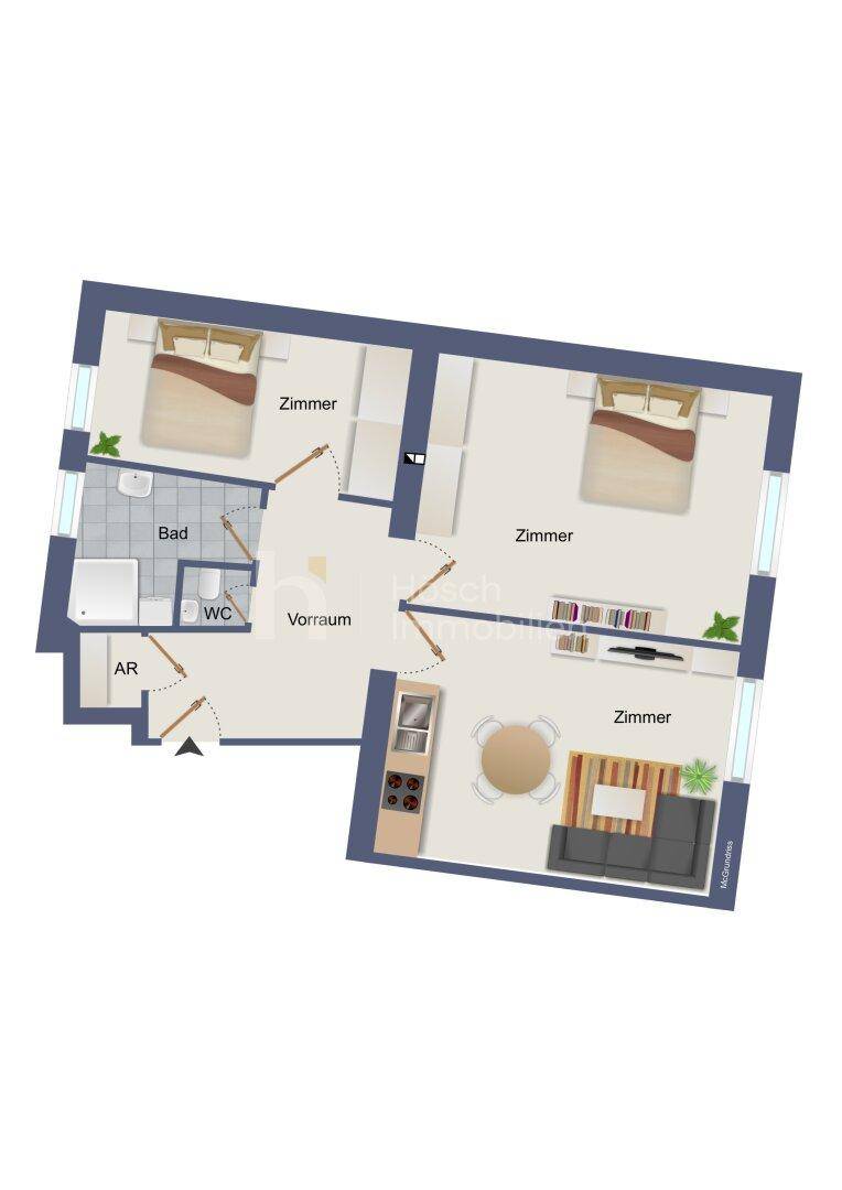 Grundriss einer Wohnung mit zwei Schlafzimmern, Bad, WC und offenem Wohnbereich.