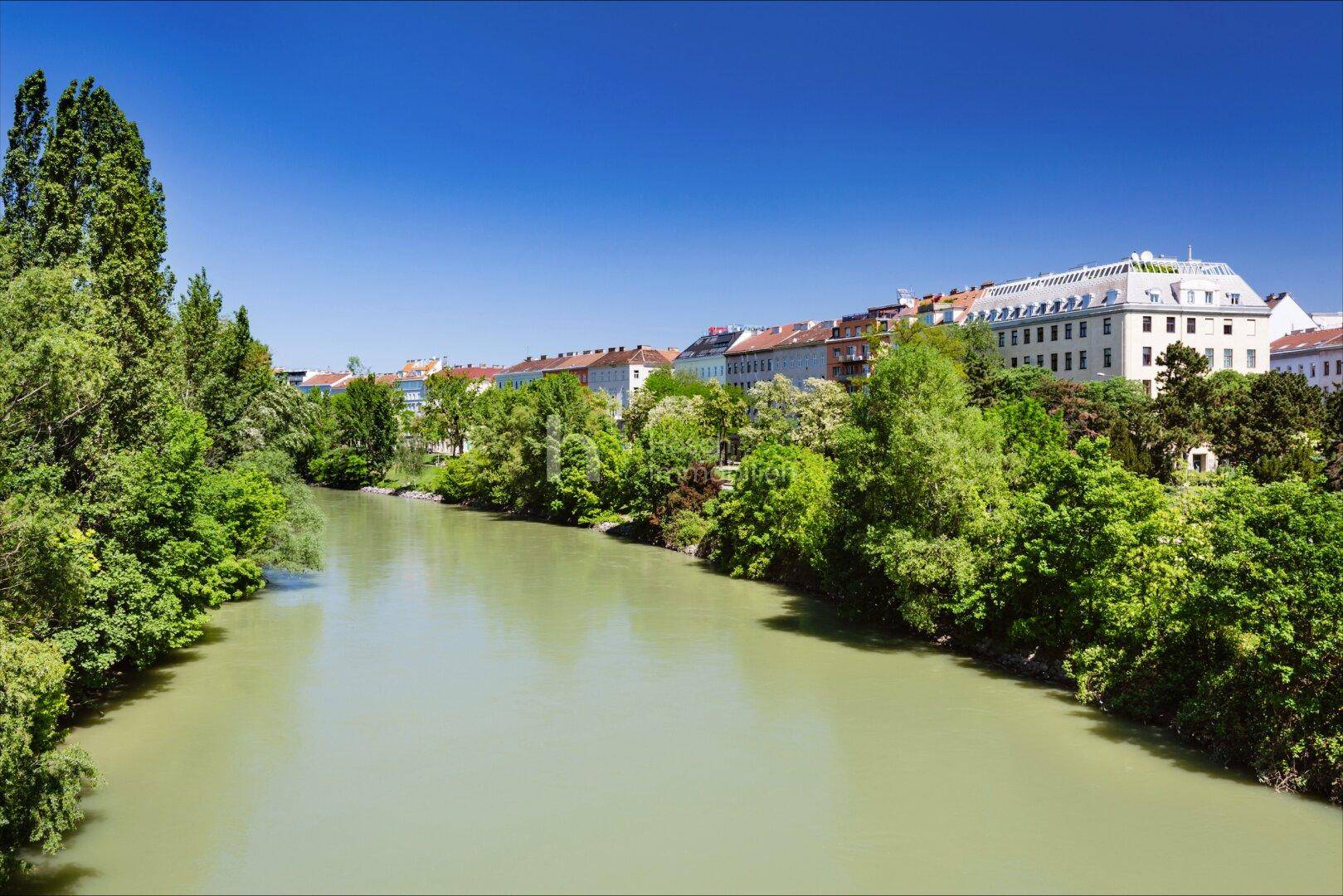 Weitläufiger Blick auf den Fluss, umgeben von dichtem Grün und städtischer Architektur unter klarem Himmel.