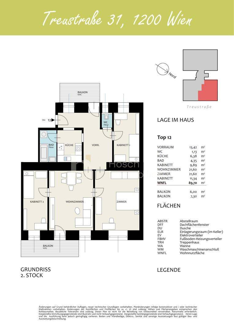Detaillierter Grundriss der Wohnung Top 12 im 2. Stock mit zwei Balkonen und separatem WC.