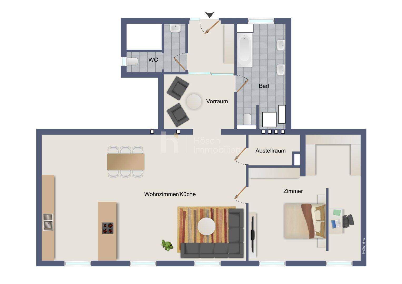 Grundriss einer Wohnung mit Wohnzimmer, Küche, Schlafzimmer und Abstellraum.