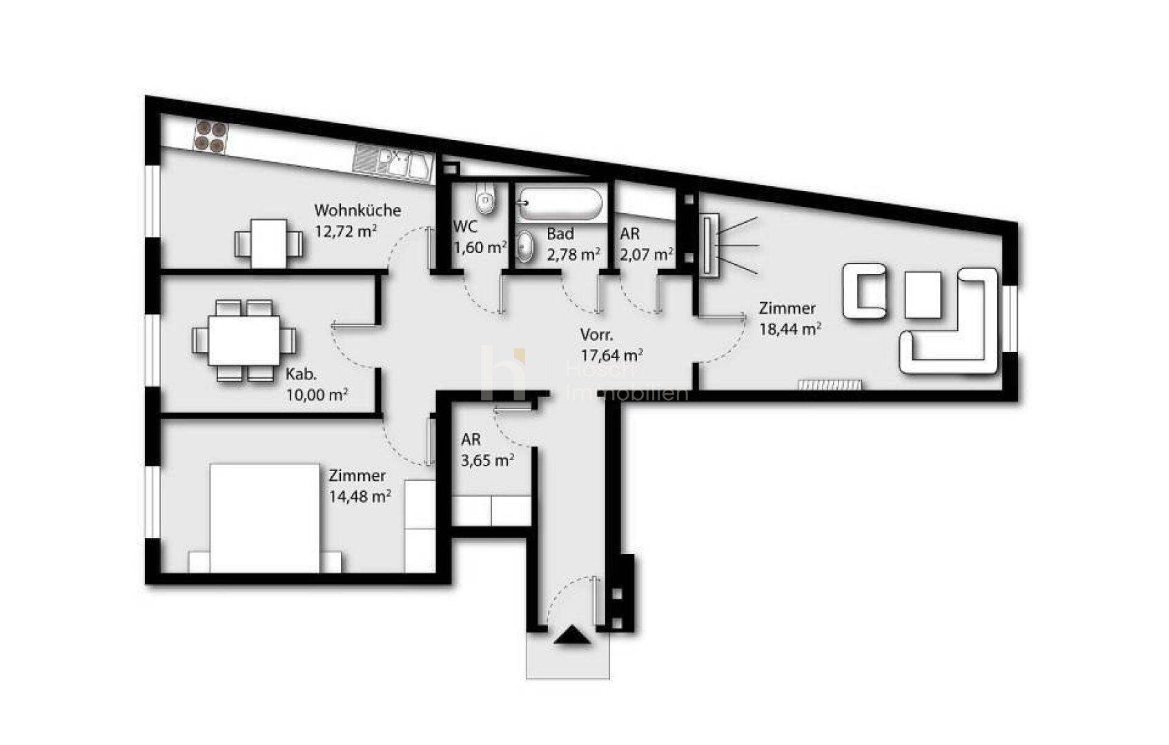 Grundriss der Wohnung mit Raumaufteilung und Flächenangaben in Quadratmetern.