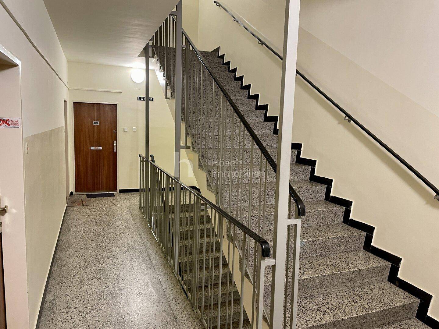 Treppenhaus im Gemeinschaftsbereich des Gebäudes mit Terrazzoboden und Geländer.