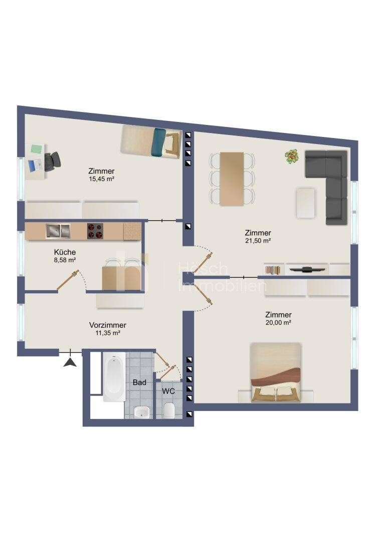 Grundriss der Wohnung mit drei Zimmern, Küche, Bad und separatem WC.