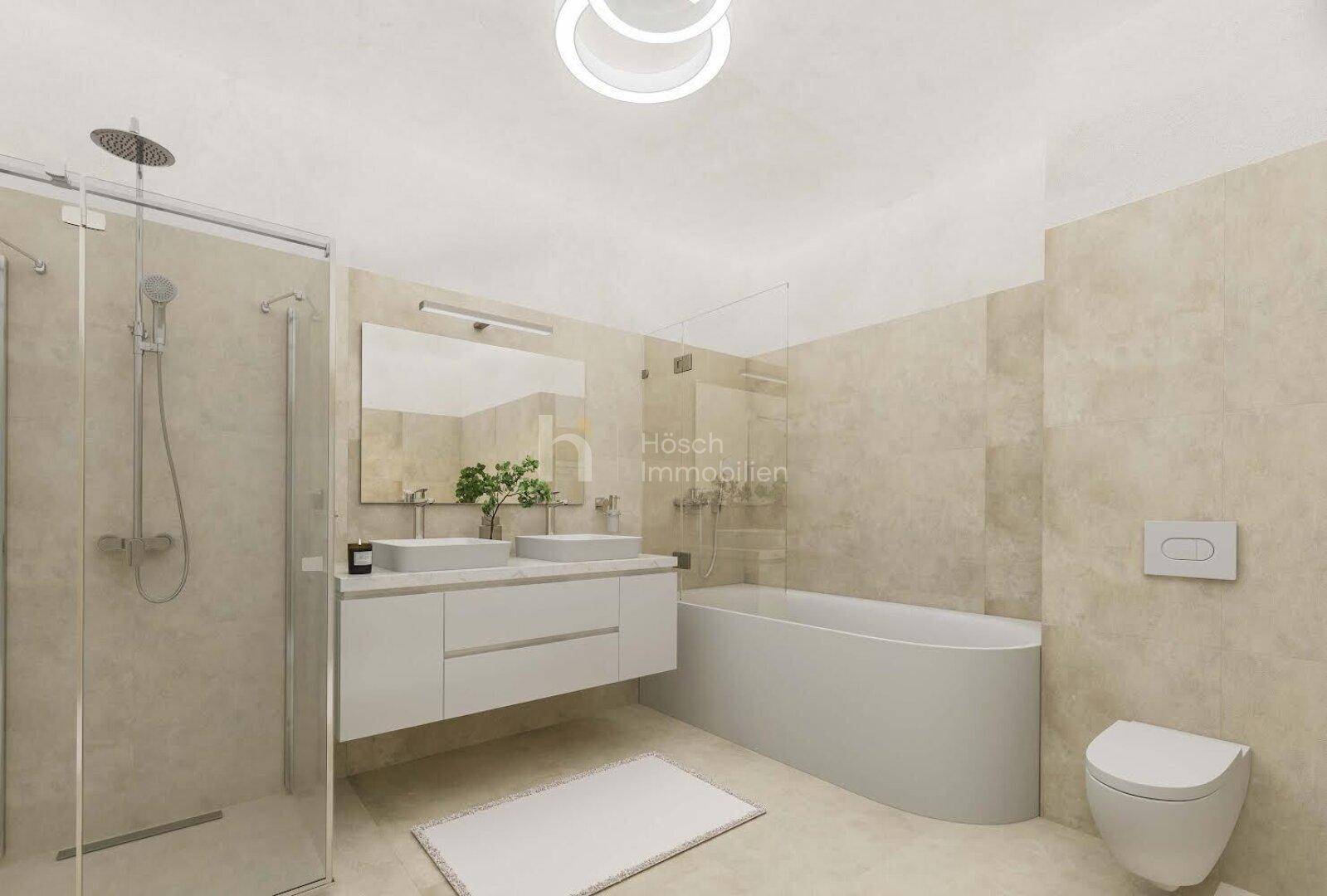Geräumiges modernes Badezimmer mit Doppelwaschbecken, Badewanne und begehbarer Dusche.