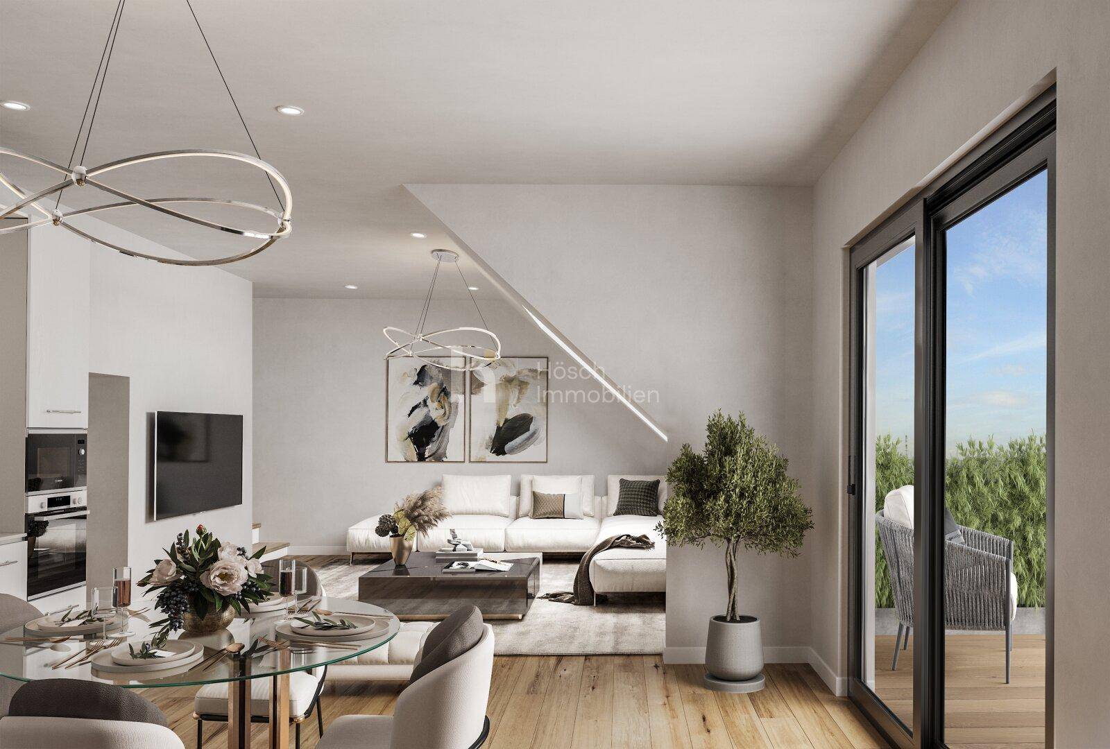 Heller Wohn-Essbereich mit Zugang zu einem Balkon und moderner Einrichtung.