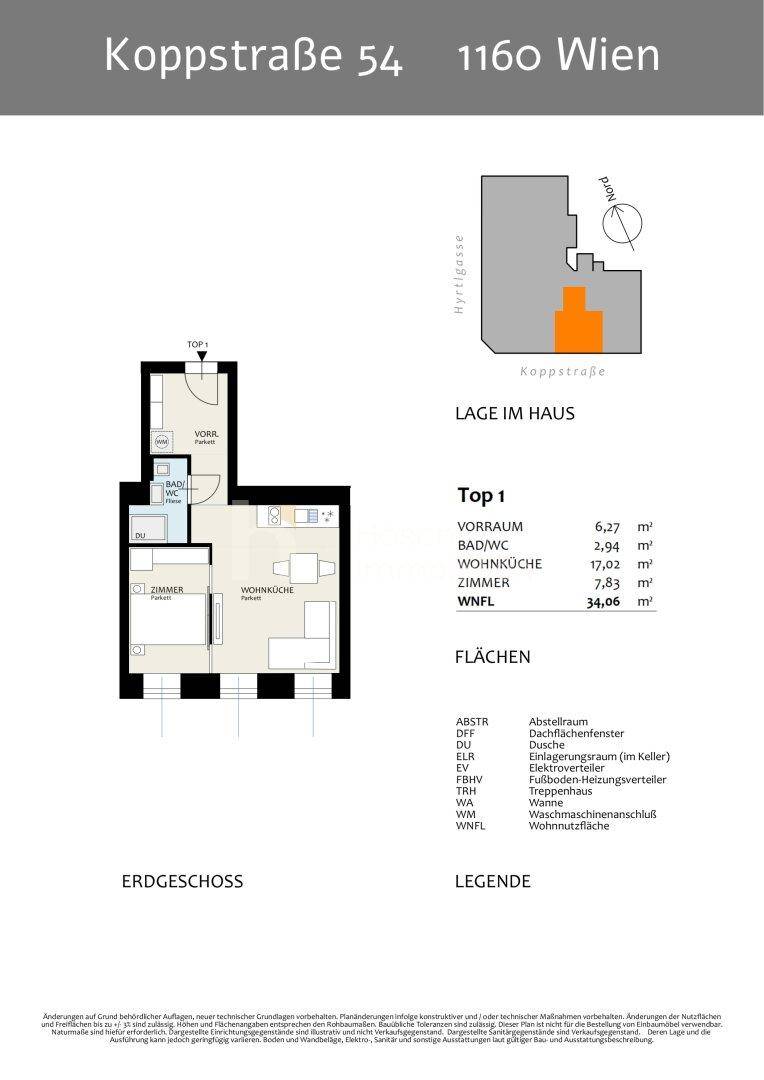 Grundriss für Top 1 im Erdgeschoss mit Wohnküche, Zimmer und Bad/WC.