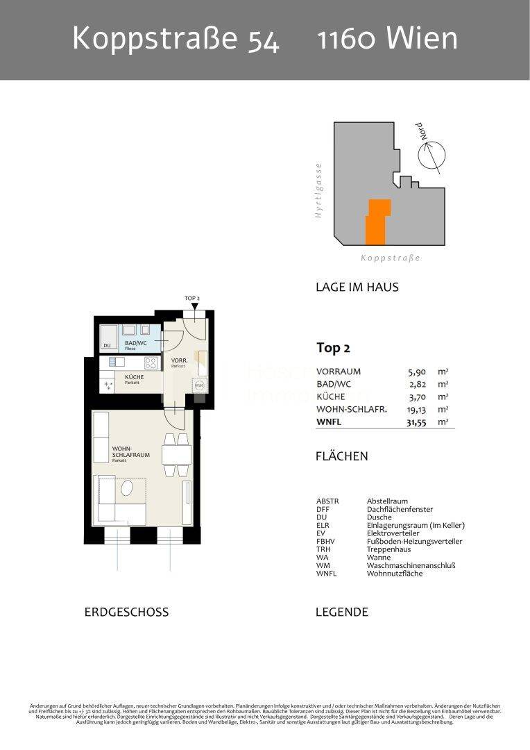 Grundriss für Top 2 im Erdgeschoss mit Wohn-Schlafraum, Küche und Bad/WC.