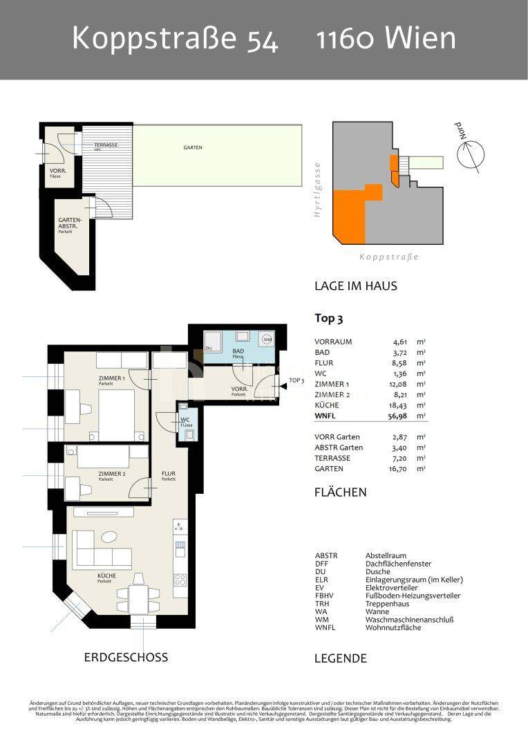 Grundriss für Top 3 im Erdgeschoss mit zwei Zimmern, Wohnküche, Bad, WC, Terrasse und Garten.