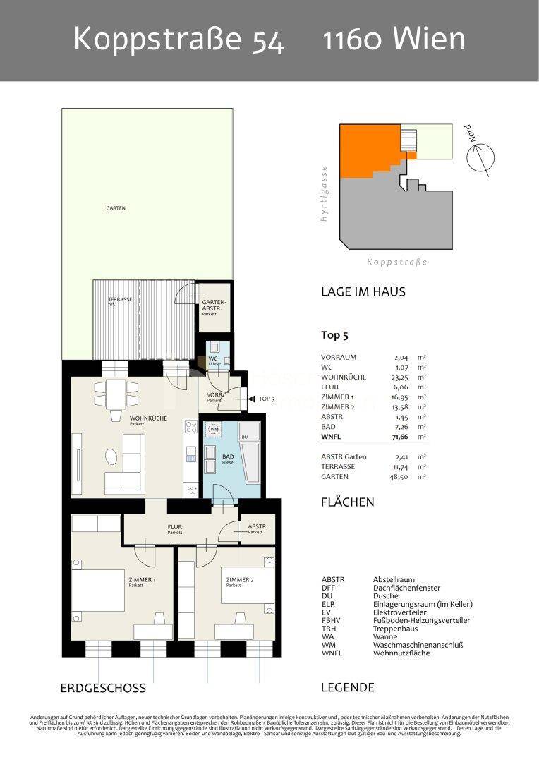 Grundriss für Top 5 im Erdgeschoss mit zwei Zimmern, Wohnküche, Bad, WC, Terrasse und Garten.