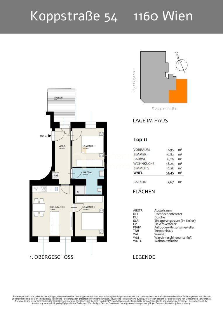Grundriss für Top 11 im ersten Obergeschoss mit zwei Zimmern, Wohnküche, Bad/WC und Balkon.