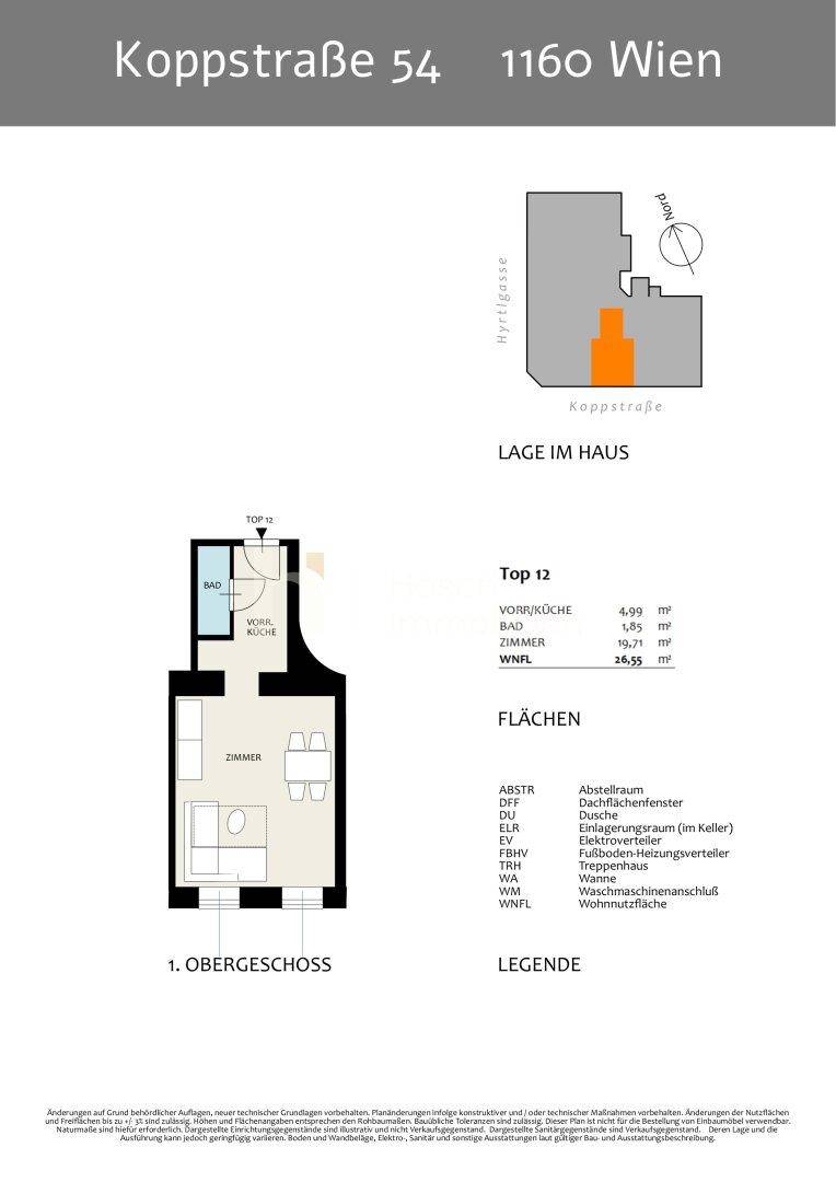 Grundriss für Top 12 im ersten Obergeschoss mit Wohnküche, Zimmer und Bad.