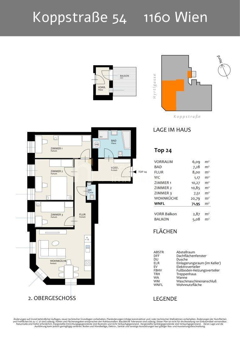 Grundriss für Top 24 im zweiten Obergeschoss mit drei Zimmern, Wohnküche, Bad, WC und Balkon.