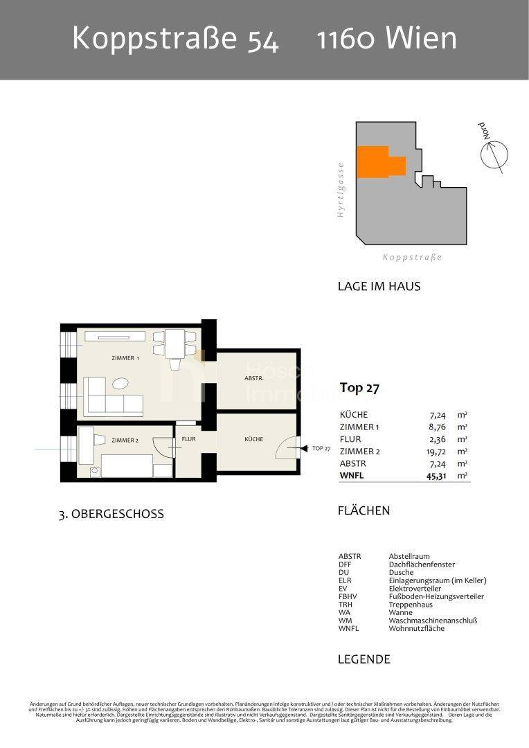 Grundriss für Top 27 im dritten Obergeschoss mit zwei Zimmern, Küche, Bad und zwei Abstellräumen.