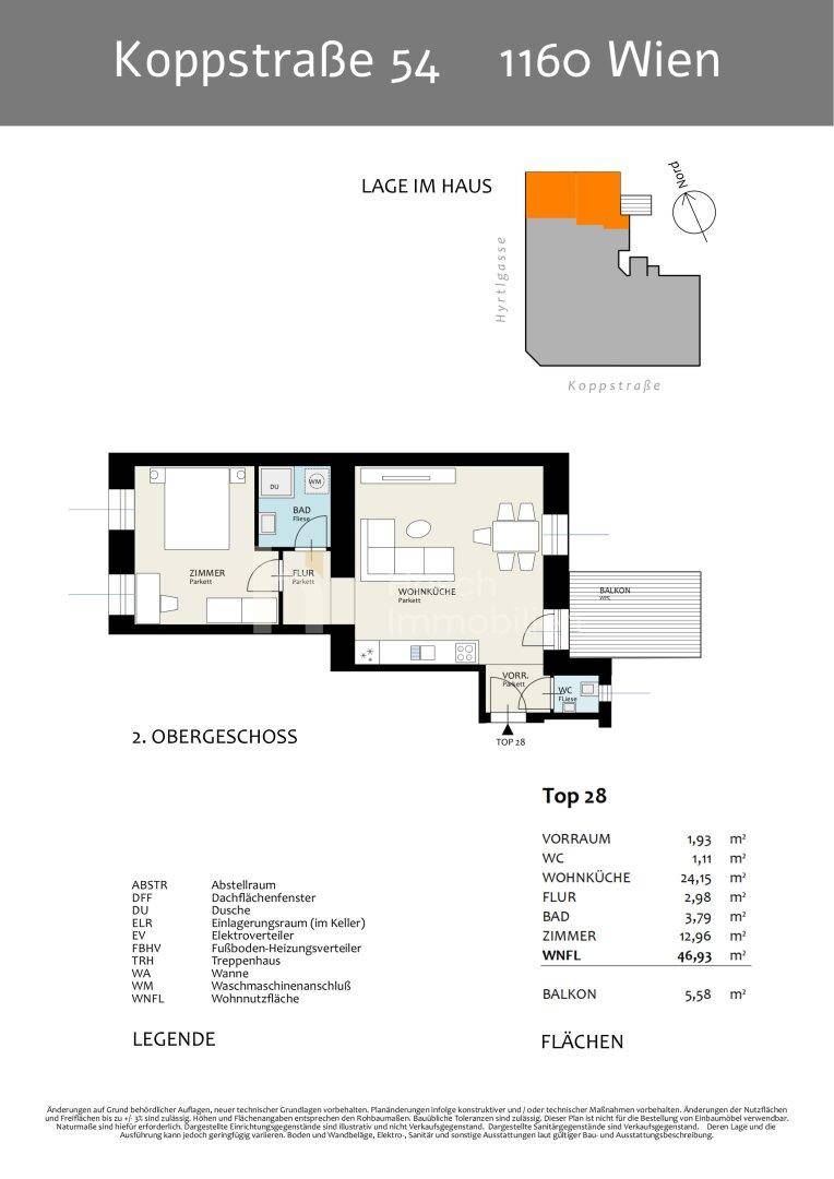 Grundriss für Top 28 im zweiten Obergeschoss mit Zimmer, Wohnküche, Bad, WC und Balkon.