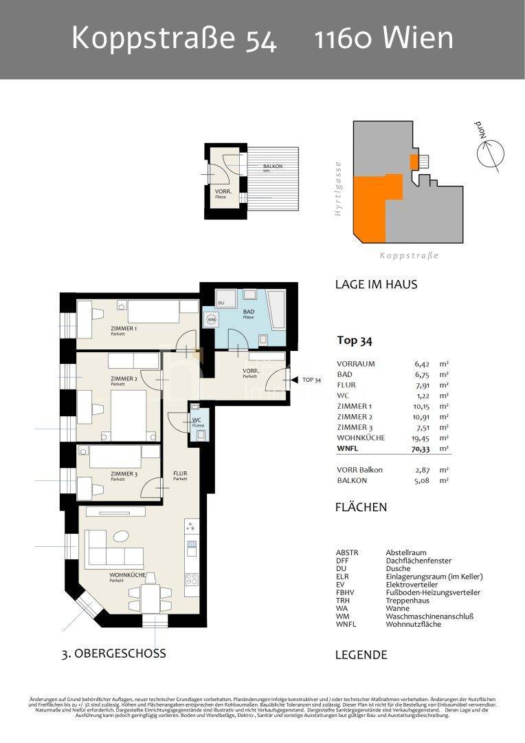 Grundriss für Top 34 im dritten Obergeschoss mit drei Zimmern, Wohnküche, Bad, WC und Balkon.