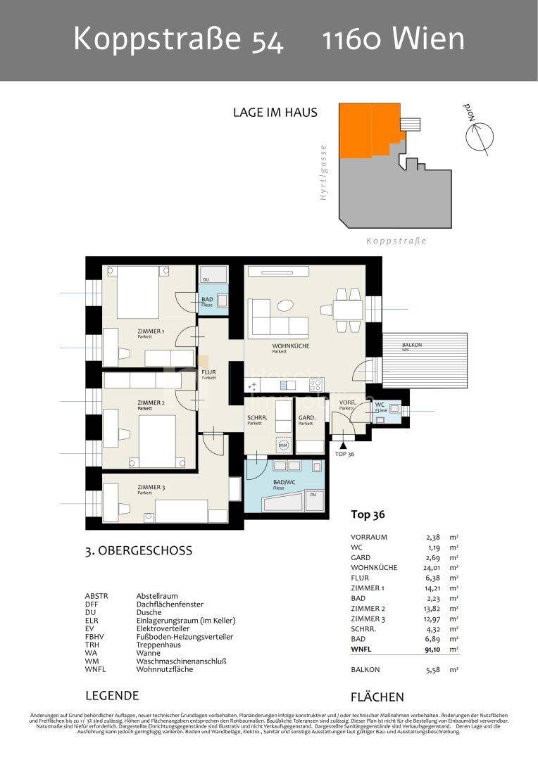 Grundriss des dritten Obergeschosses mit offener Wohnküche, drei Zimmern, Bad, separatem WC und Balkon.