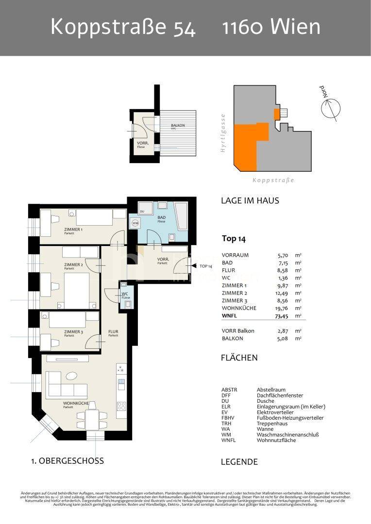Detaillierter Grundriss einer Wohnung mit Balkon und mehreren Zimmern.