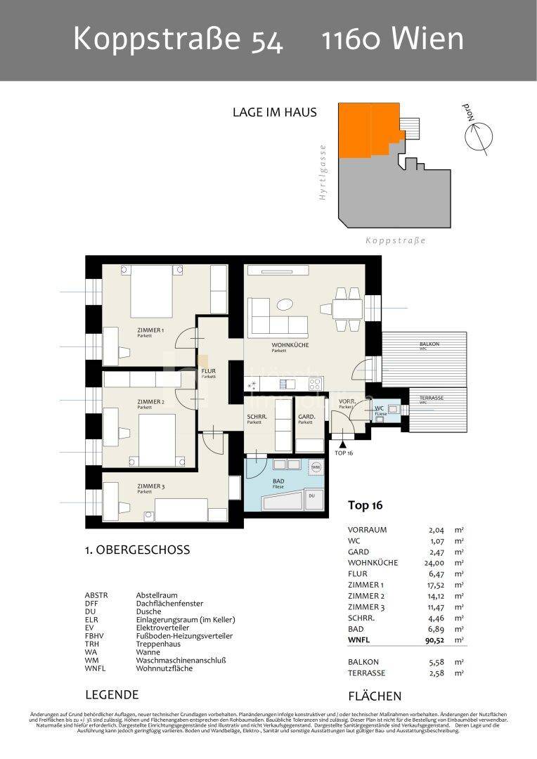 Detaillierter Grundriss der Wohnung im 1. Obergeschoss mit Balkon und Terrasse.