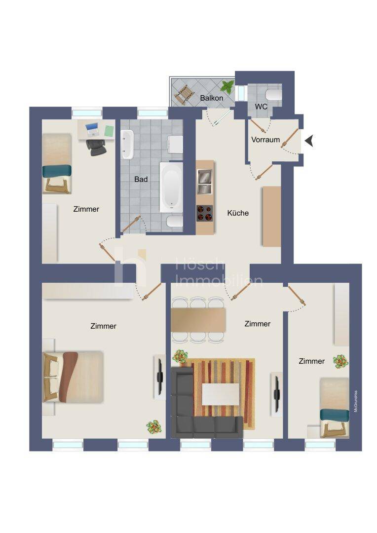 Grundriss einer Wohnung mit drei Zimmern, Küche, Bad, separatem WC und Balkon.