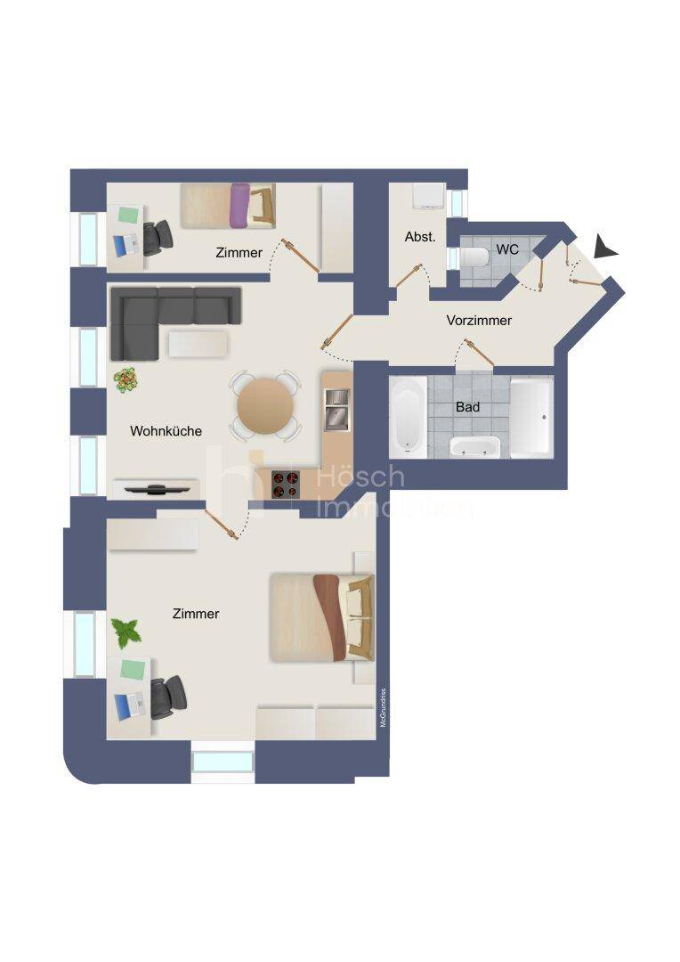 Grundriss einer Wohnung mit zwei Zimmern, Wohnküche, Bad und separatem WC, optimiert für modernes Wohnen.