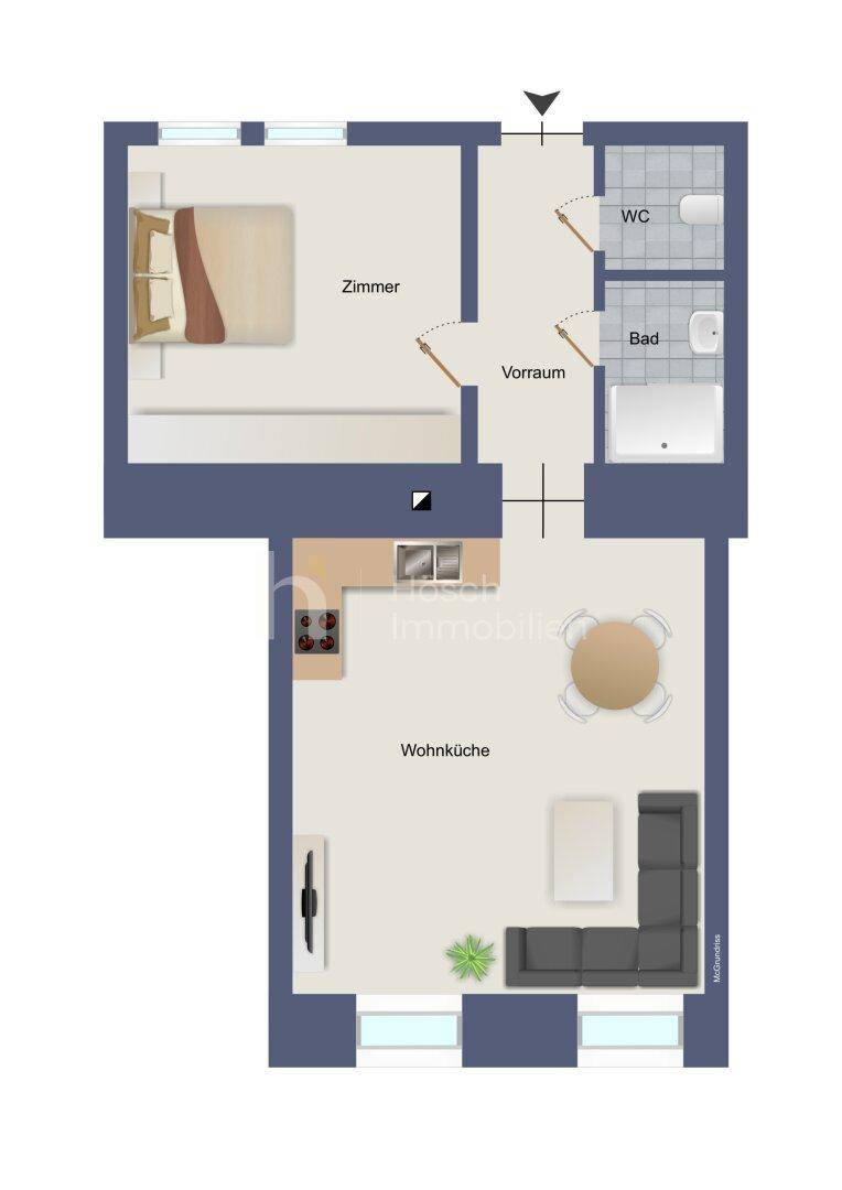 Grundriss einer Wohnung mit Schlafzimmer, Bad, separatem WC und offenem Wohnküchenbereich.