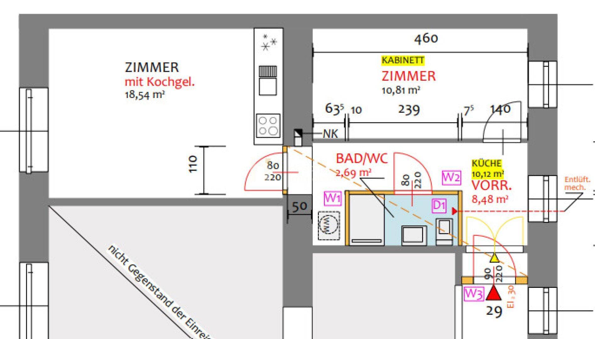 Grundriss mit Zimmern, Kochgelegenheit, Kabinett und kombiniertem Bad/WC, mit allen Maßen.