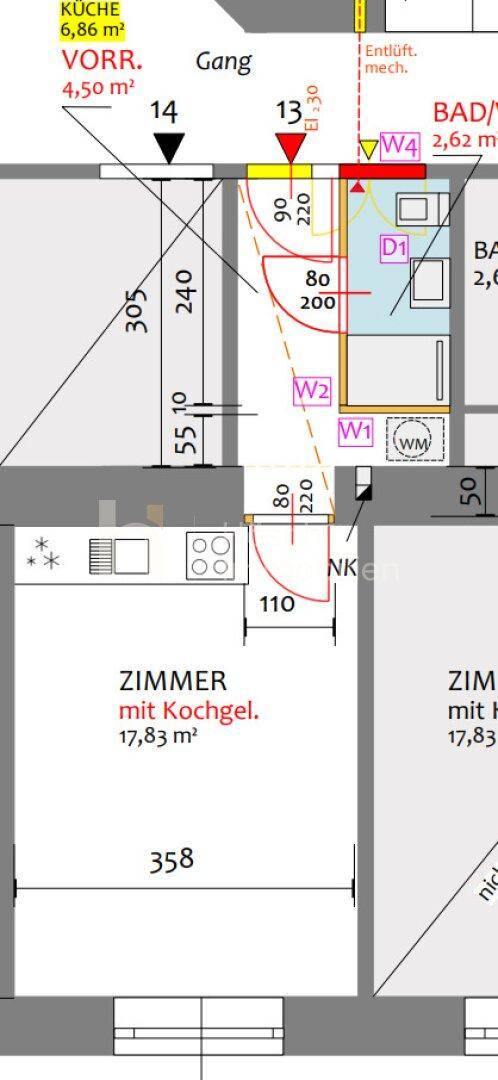 Grundriss mit Küche, Bad, WC und einem Zimmer mit Kochgelegenheit, inklusive Maßen.