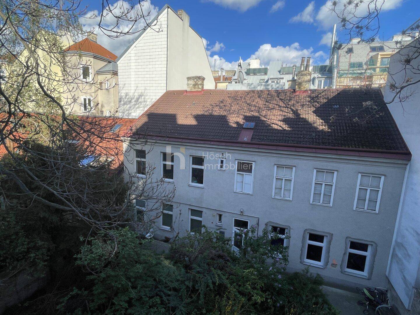Dachlandschaft und Hinterhofansicht eines Altbaus mit umliegenden Gebäuden.