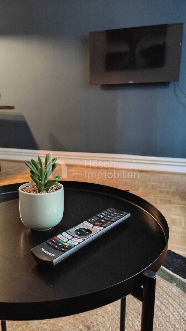 Beistelltisch mit Fernbedienung und Pflanze, im Hintergrund ein an der Wand montierter Fernseher.