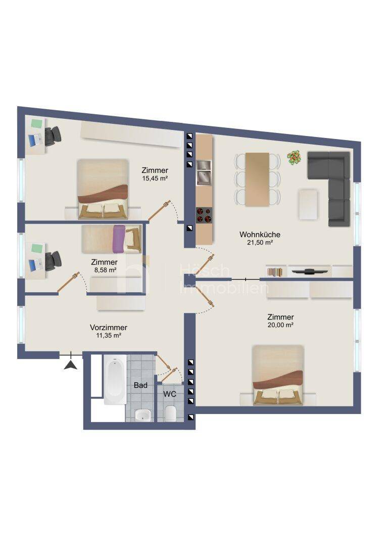 Detaillierter Grundriss einer Wohnung mit drei Zimmern, offener Wohnküche und separatem Bad und WC.