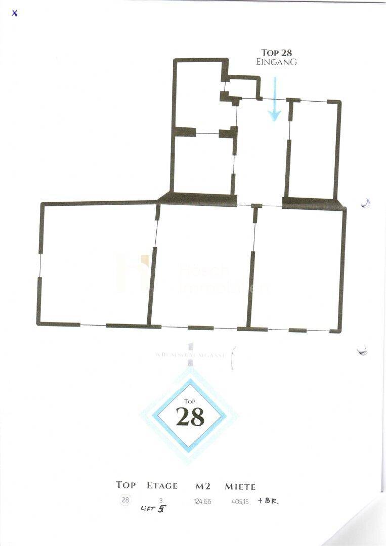 Grundriss der Wohnung Top 28 mit Eingang und Raumaufteilung.