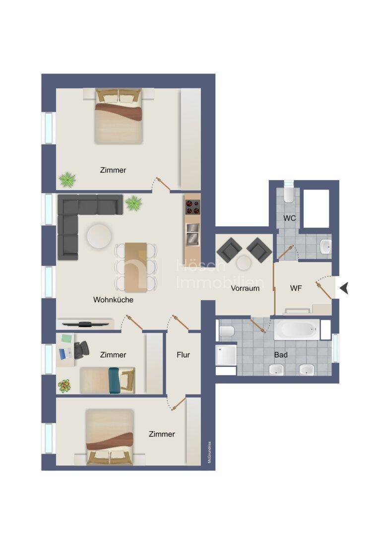 Grundriss einer Wohnung mit drei Zimmern, Wohnküche und zwei Bädern.